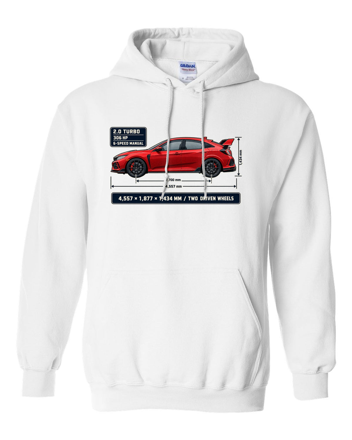 print dimension blueprint of a red Honda Civic Type R FK8 white pull over hoodie front view with the design