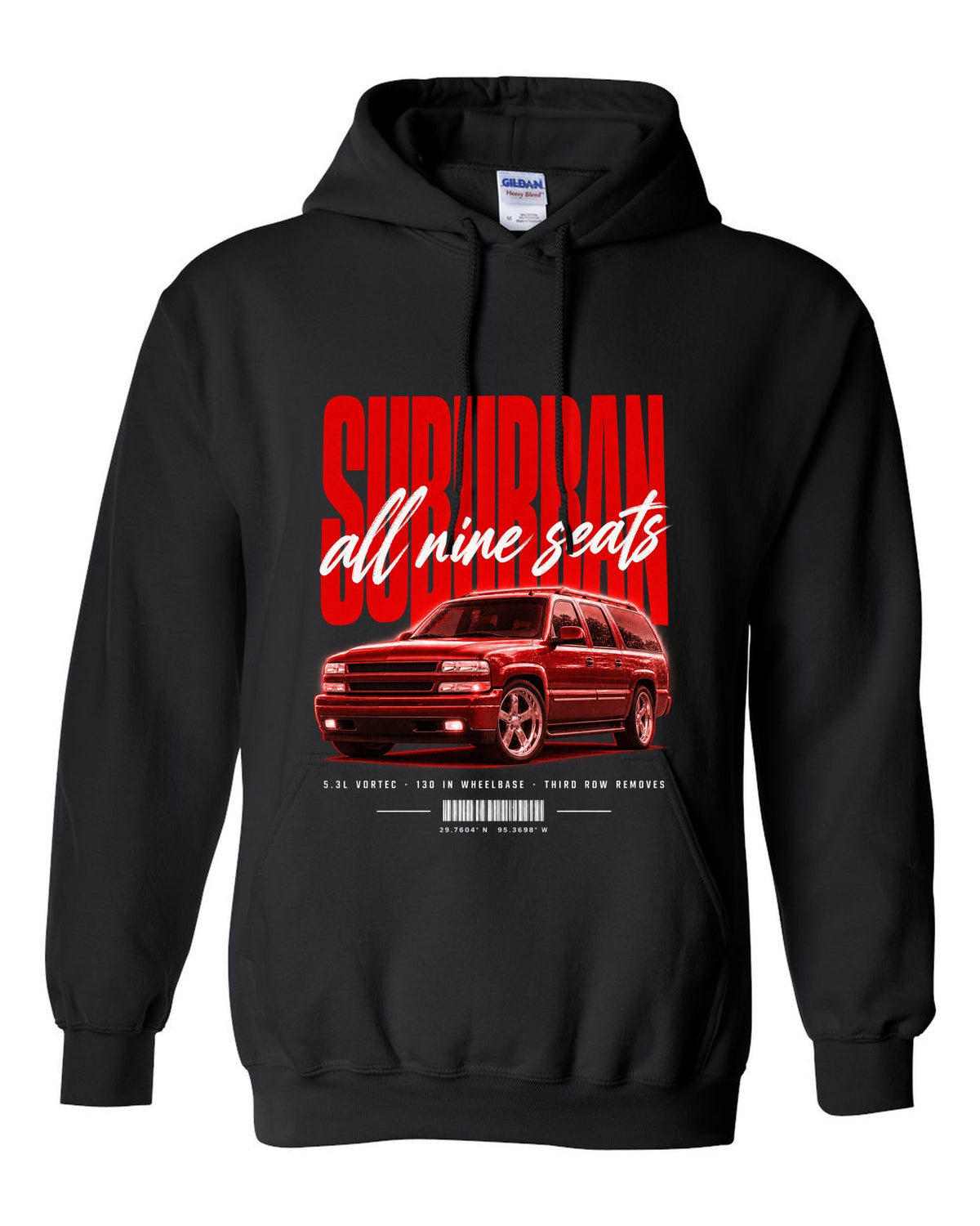 2000-06 Chevy Suburban GMT800 street poster print black pull over hoodie front view with the design