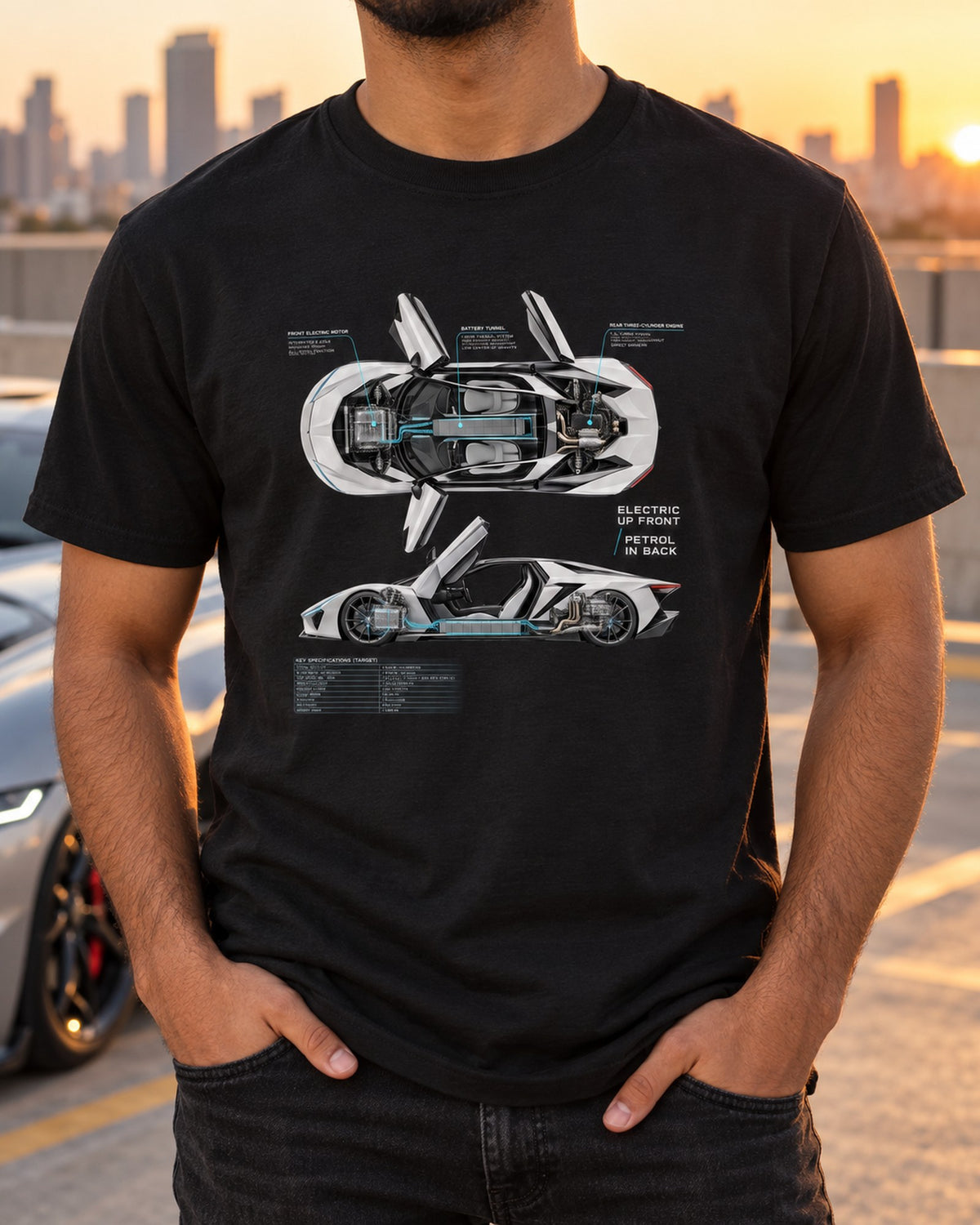 BMW i8 I12 Spec Poster Shirt, Electric Front Petrol Rear T-Shirt Black worn hero