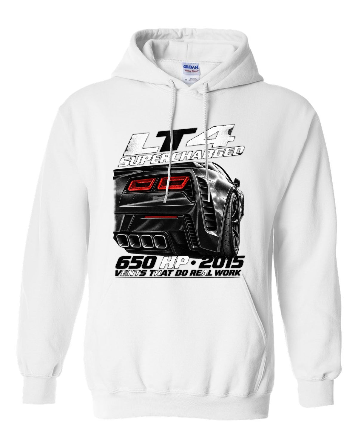 Corvette C7 Z06 rear vents close-up with LT4 650 HP text white pull over hoodie front view with the design