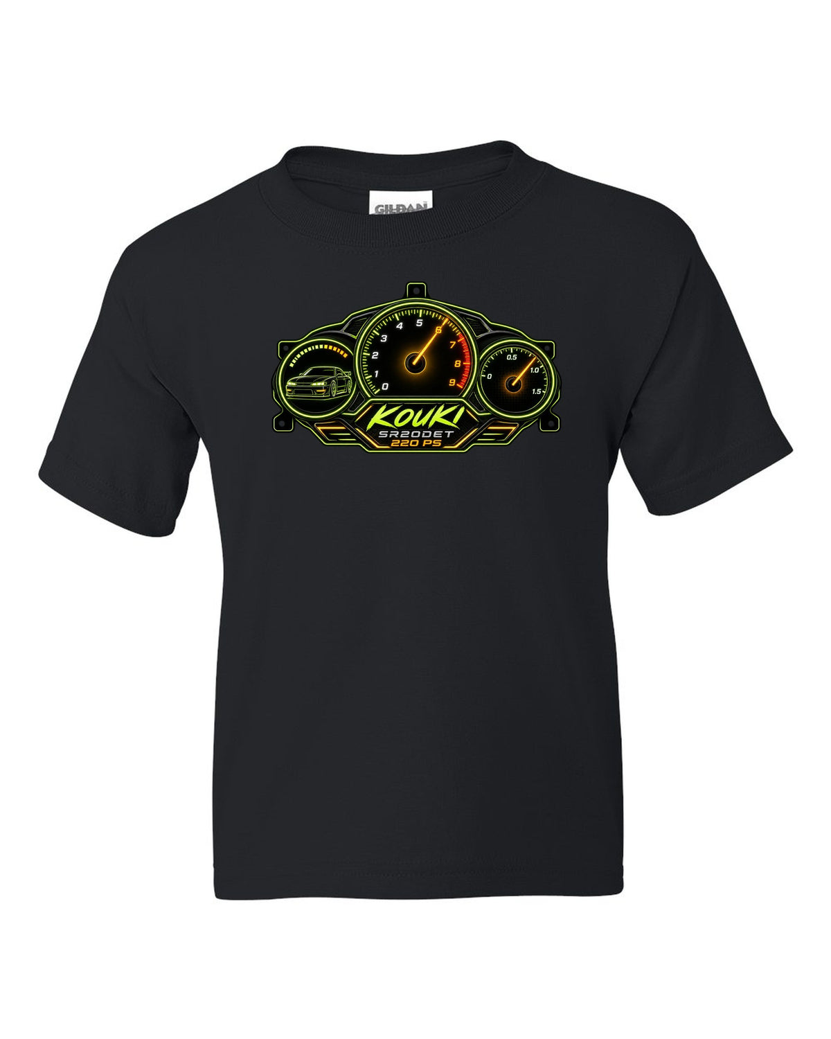 Gauge cluster dashboard print for a Nissan Silvia S14 kouki with SR20DET text black kids tee front view with the design