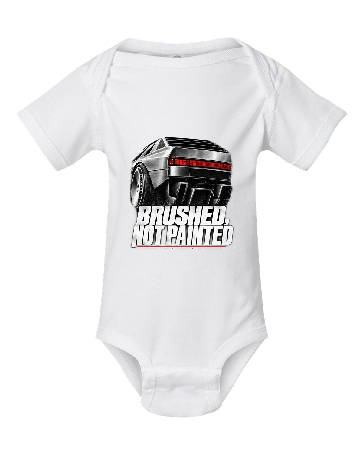 Hyundai N Vision 74 rear three-quarter macro print of pixel taillights white baby onesie front view with the design