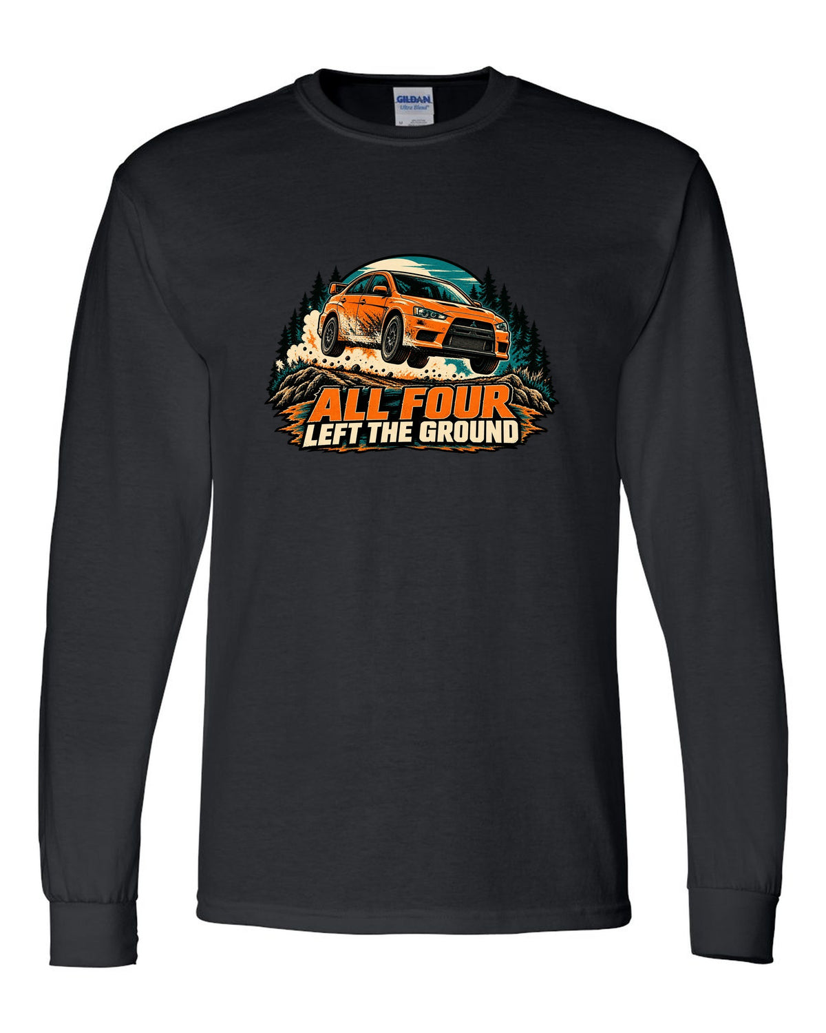 Flat vector minimalist print of the Mitsubishi Evo X CZ4A with aluminium block 291 HP text black long sleeve front view with the design