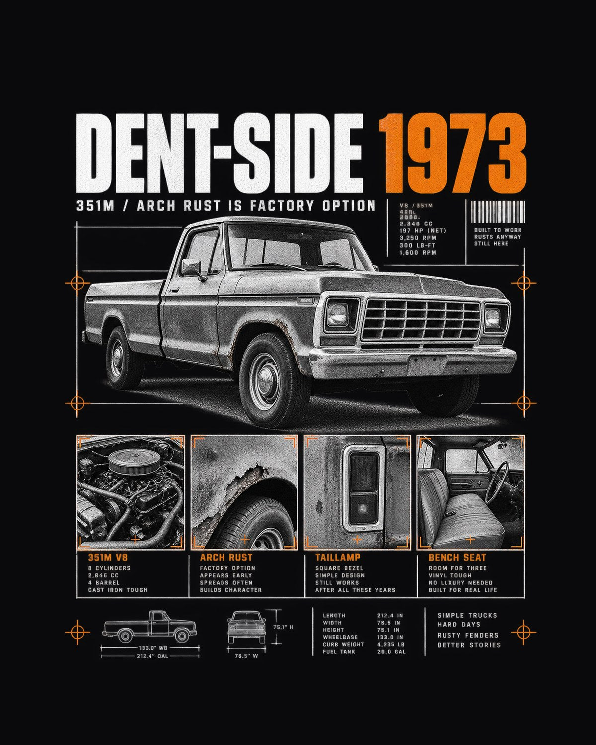 Ford F-150 Dent-Side 1973 351M Rust Dossier Panel Shirt design only