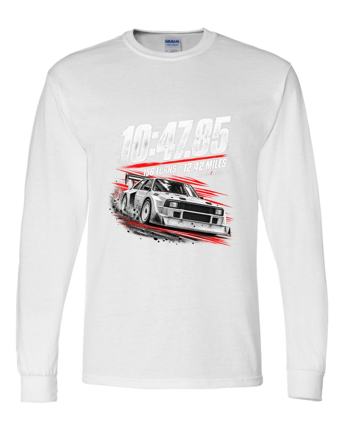Race poster print of an Audi Sport Quattro S1 E2 with hill climb numbers white long sleeve front view with the design