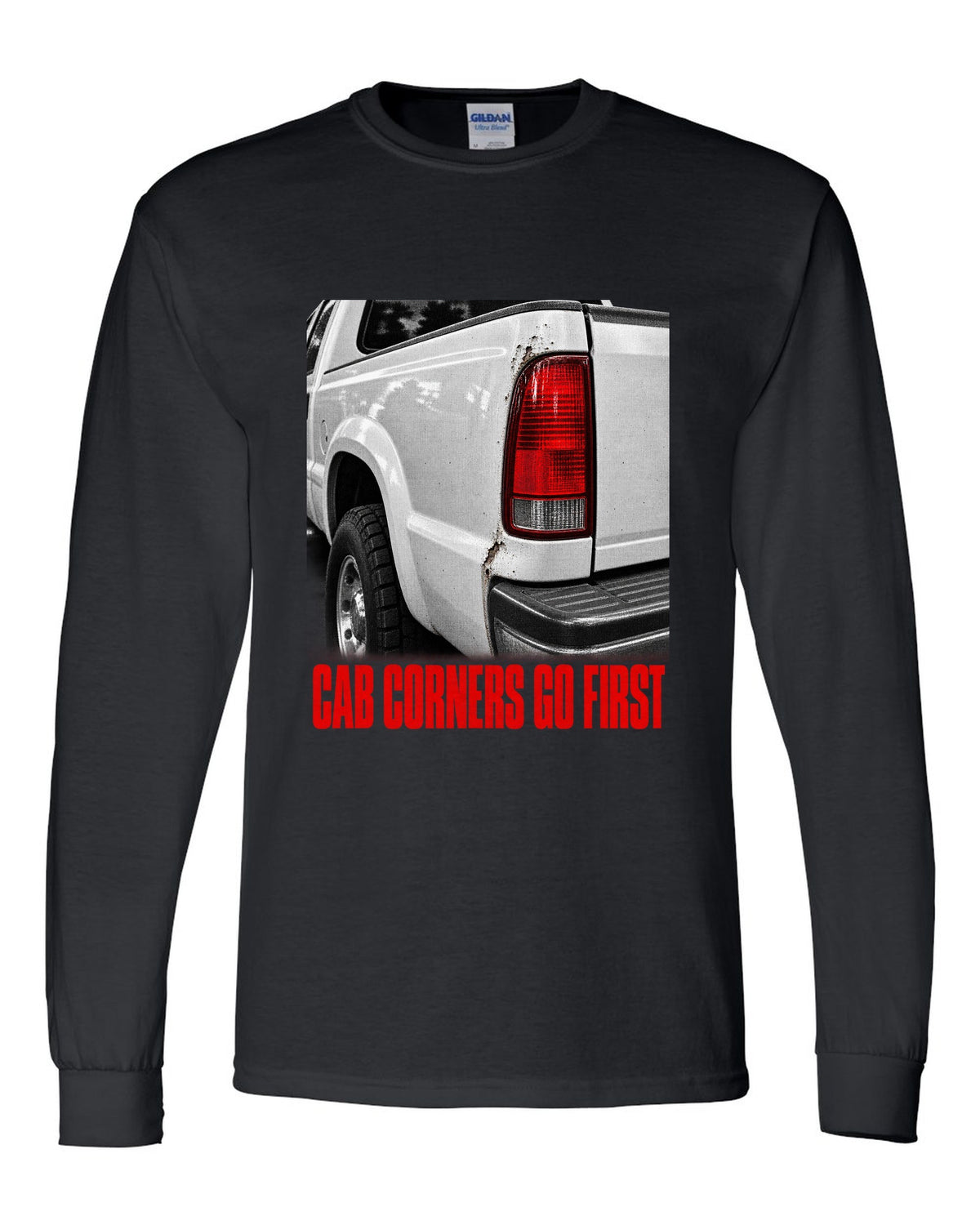 NBS Silverado taillight detail with cab corner rust, print black long sleeve front view with the design