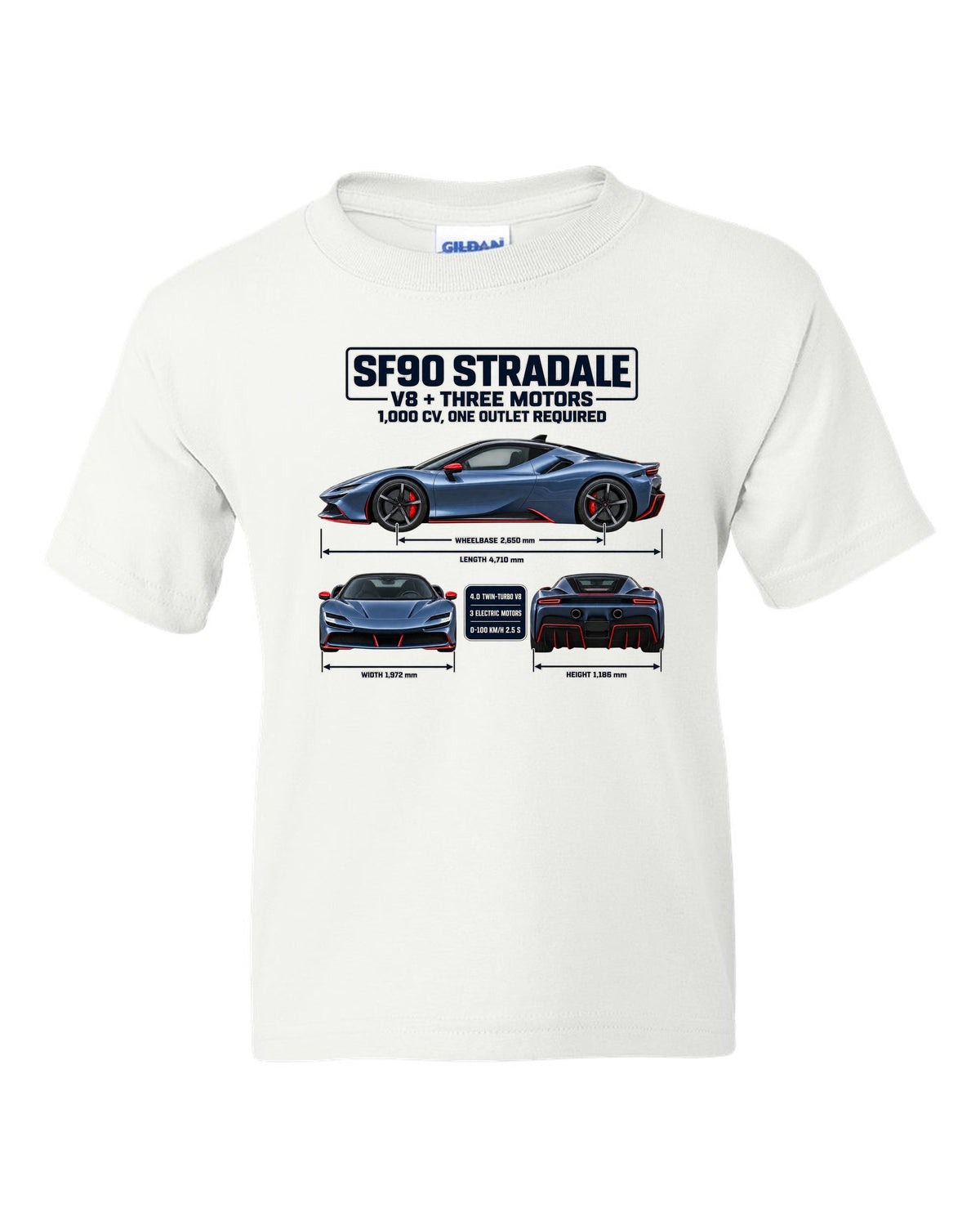 Ferrari SF90 Stradale three-view spec sheet print with V8 plus three motors, 1,000 CV white kids tee front view with the design