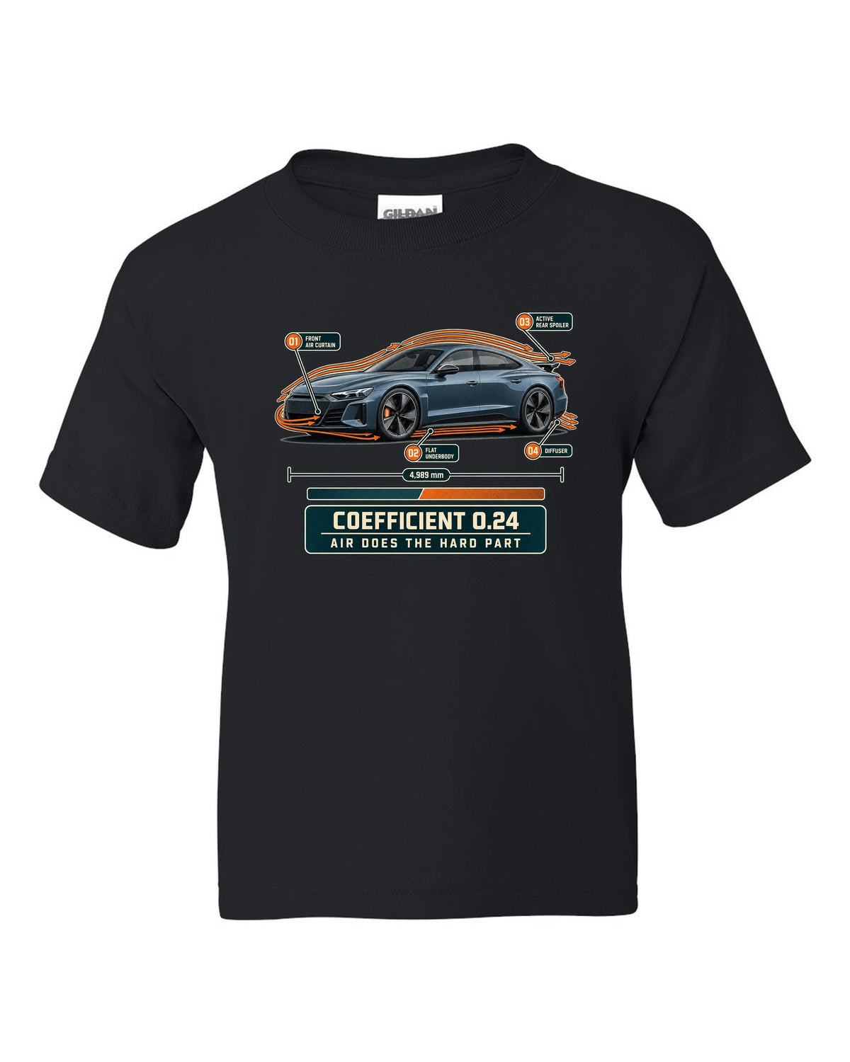 Audi RS e-tron GT aero callouts with airflow diagram print design black kids tee front view with the design