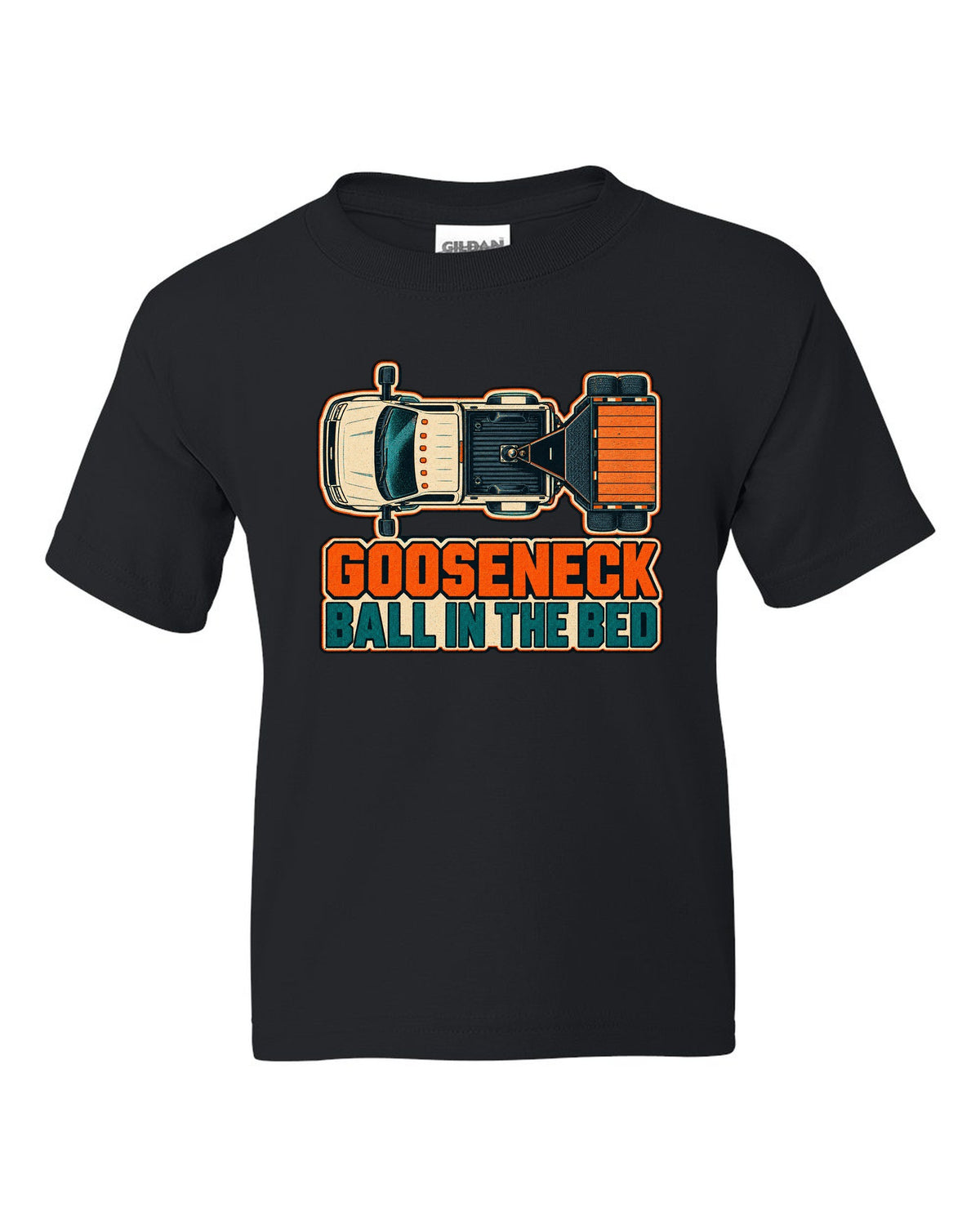 Top-down risograph print of a 2019-2024 Ram HD 3500 long bed with gooseneck ball in the bed text black kids tee front view with the design