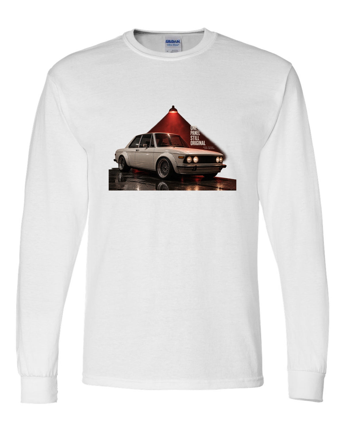BMW E30 M3 garage night print with one panel still original text white long sleeve front view with the design