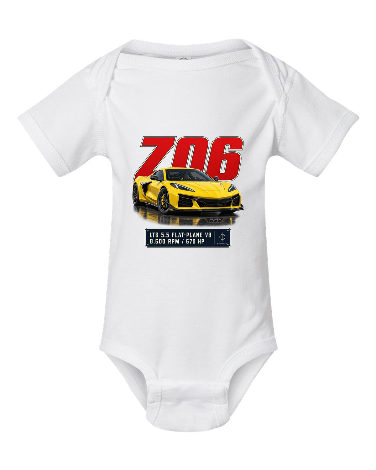 Editorial headline print of a yellow Chevrolet Corvette C8 Z06 white baby onesie front view with the design