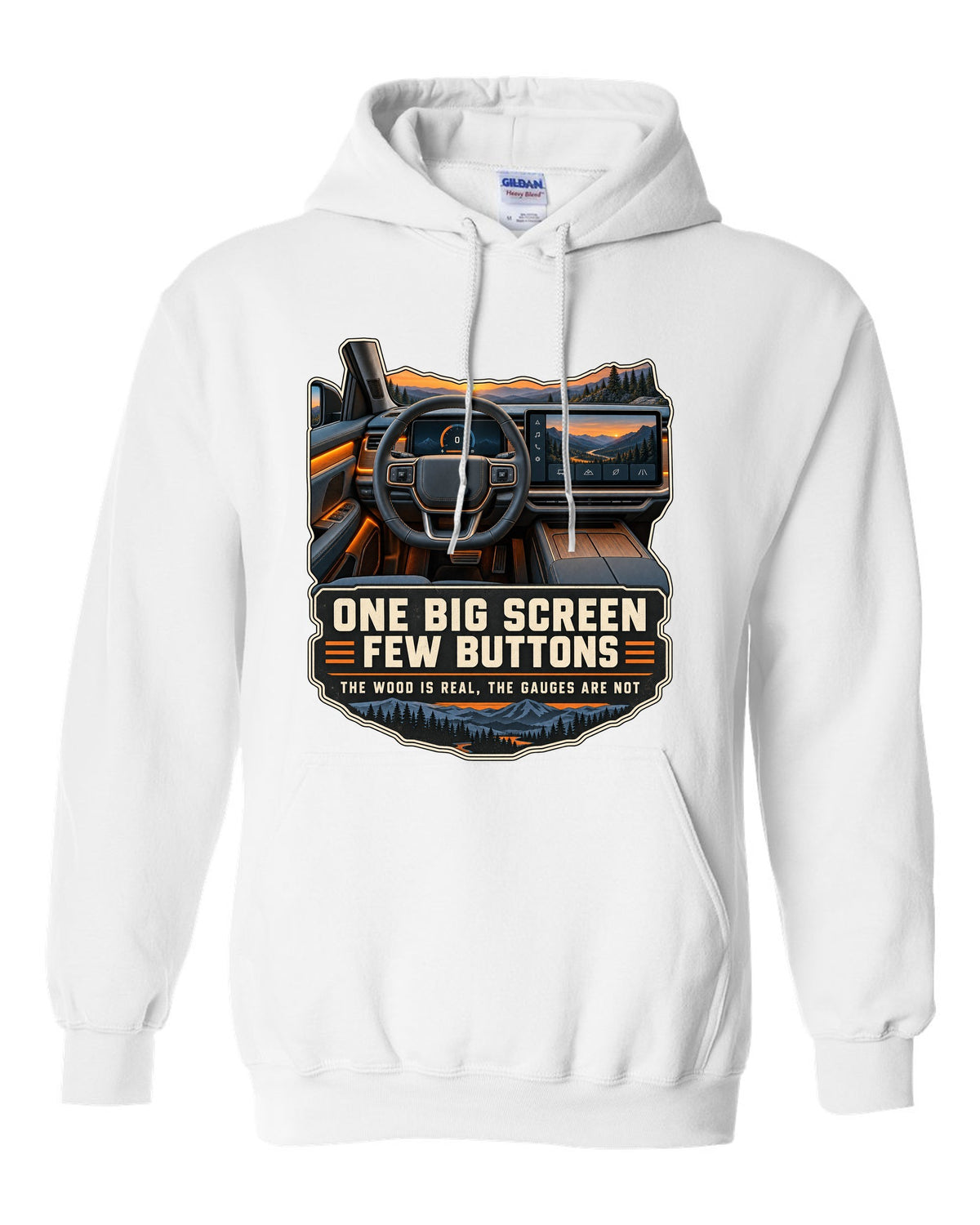 Cockpit and gauge print of a Rivian R1T interior with a large central screen white pull over hoodie front view with the design