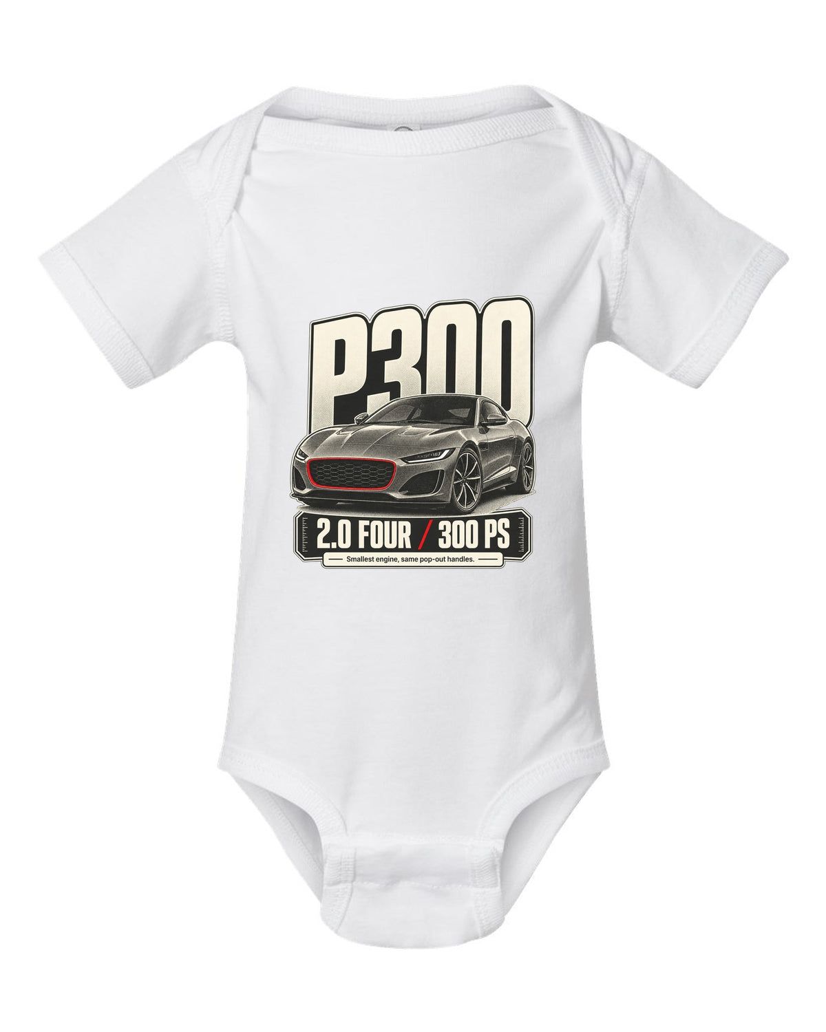 Halftone statement print for the Jaguar F-Type P300 2.0 four-cylinder with 300 PS text white baby onesie front view with the design