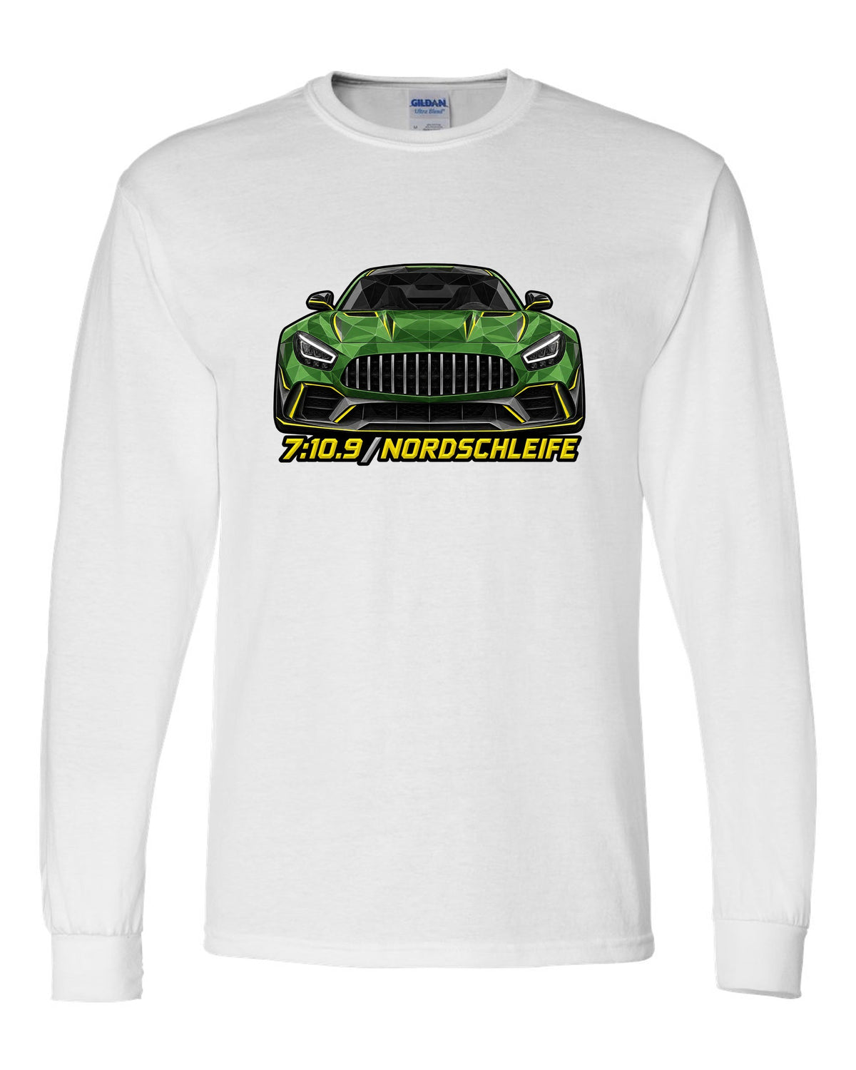 Low-poly wireframe illustration of a Mercedes AMG GT R C190 with 7:10.9 Nordschleife text white long sleeve front view with the design