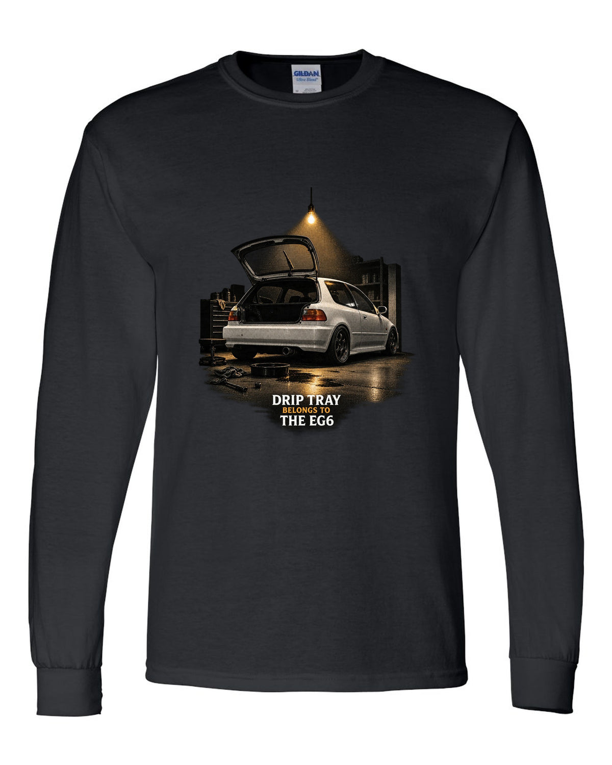 Garage night print of a 1993 Honda Civic EG6 SiR chback with drip tray text black long sleeve front view with the design