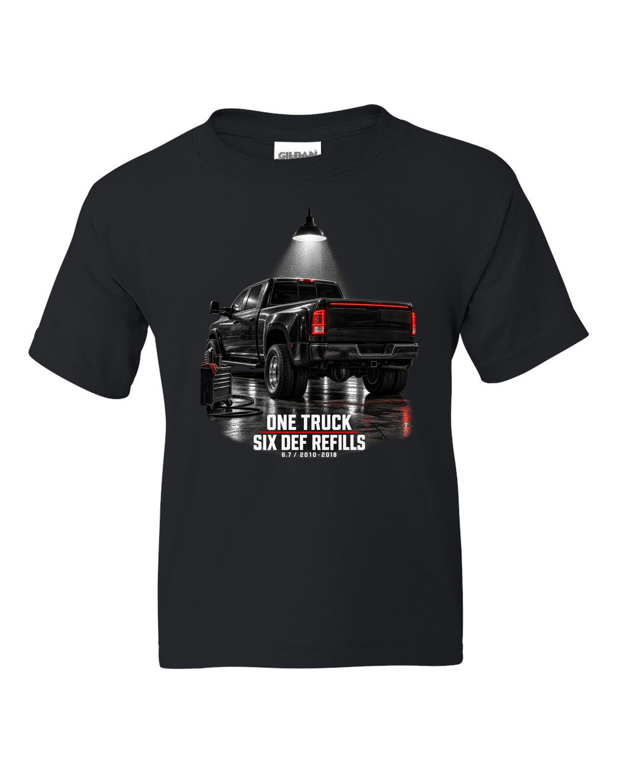 Ram 3500 4th gen dually 6.7 in a night garage with the text One truck, six DEF refills black kids tee front view with the design