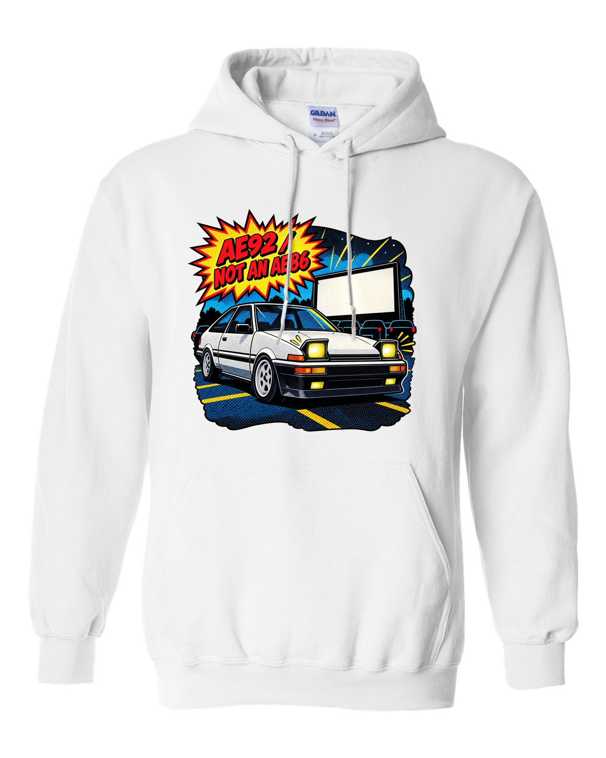 Comic halftone pop-art of a Toyota Corolla AE92 Trueno with the text AE92 Not an AE86 white pull over hoodie front view with the design