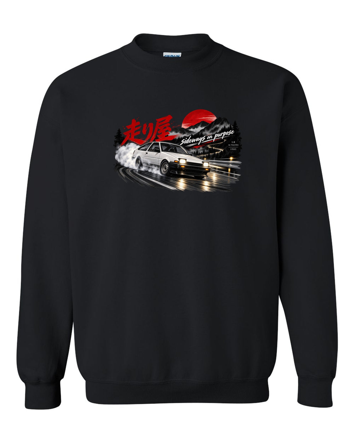 VW Golf Mk2 16V front three-quarter sliding at night with touge kanji black crewneck front view with the design