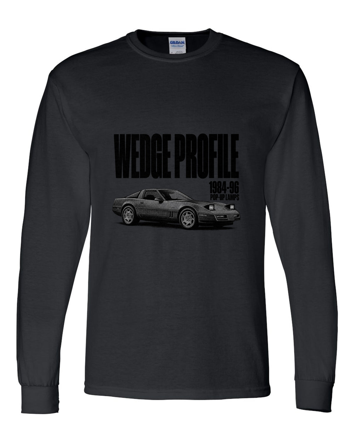 Chevrolet Corvette C4 1989 coupe wedge profile halftone print black long sleeve front view with the design