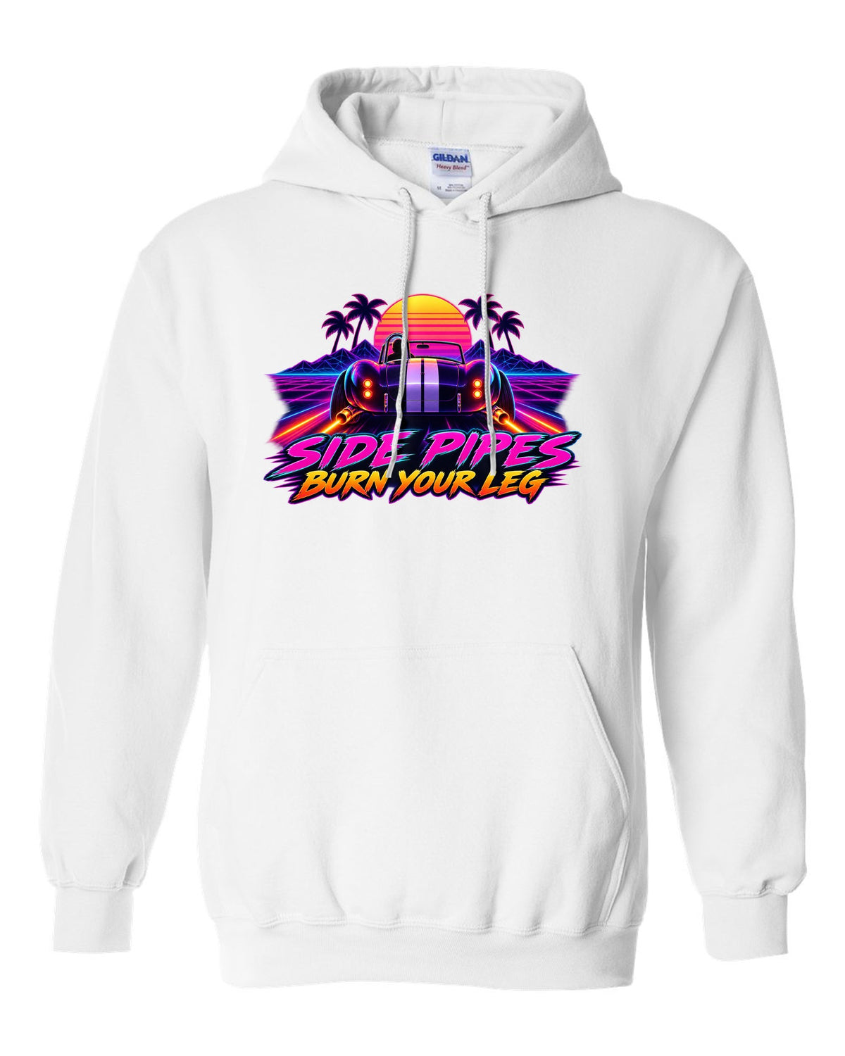 Shelby Cobra 427 Side Pipes Synthwave Outrun white pull over hoodie front view with the design