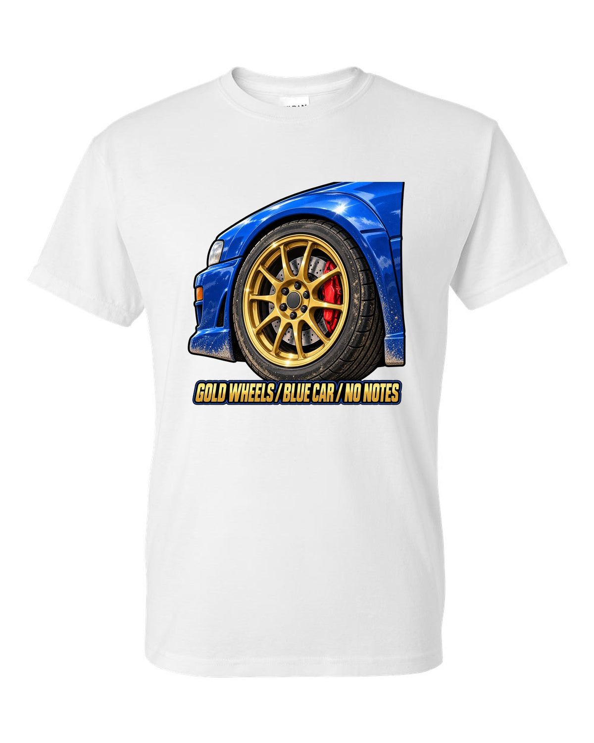 Subaru Impreza WRX GC8 painterly gold wheel close-up on a blue car, GOLD WHEELS / BLUE CAR / NO NOTES white t-shirt front view with the design