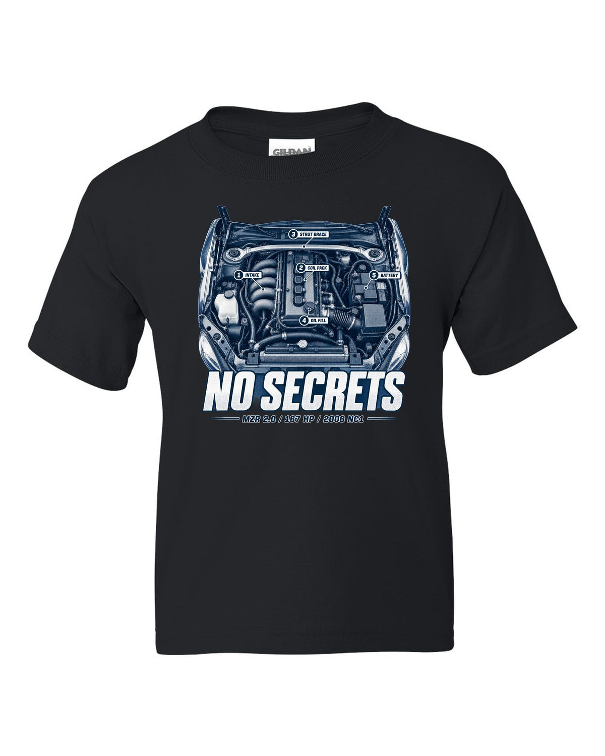 Engine hero print for the 2006 Mazda MX-5 NC1 with MZR 2.0 and 167 HP lettering black kids tee front view with the design