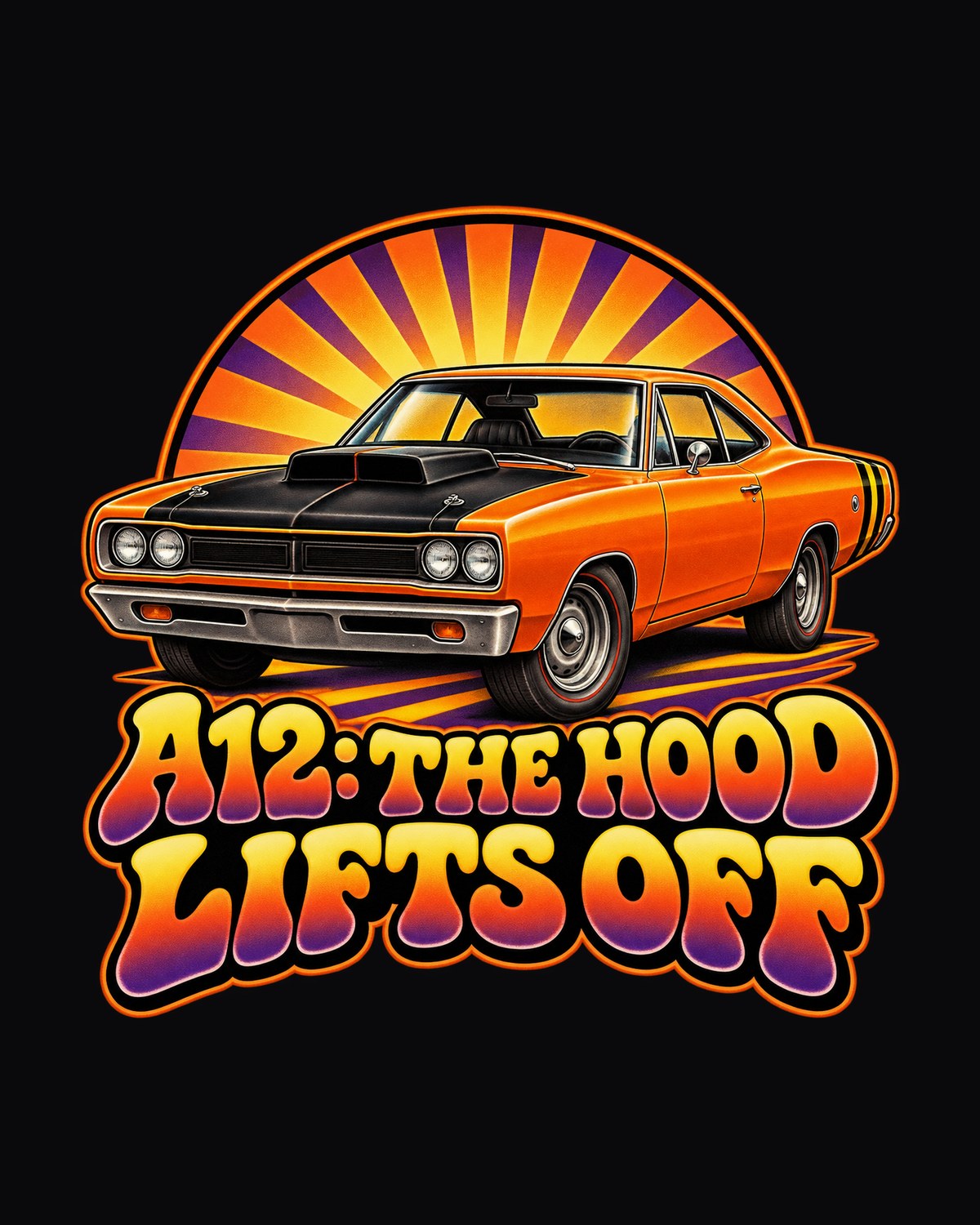 1969 Super Bee A12 Sunburst Shirt, Lift-Off Hood Car Tee design only