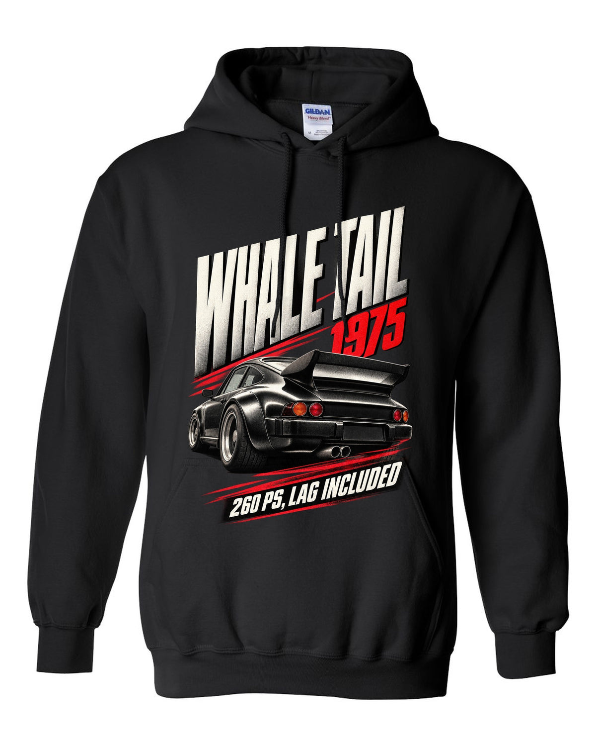 Race poster print of the 1975 Porsche 911 Turbo 3.0 (930) with whale tail and 260 PS text black pull over hoodie front view with the design