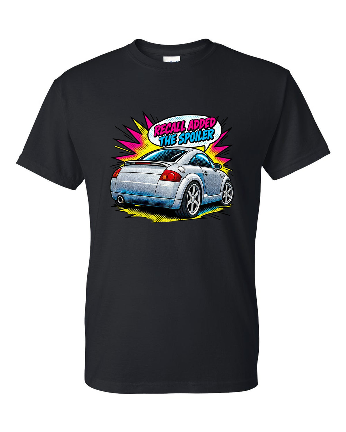 Comic halftone pop art print of an Audi TT Coupe 8N with spoiler recall caption black t-shirt front view with the design