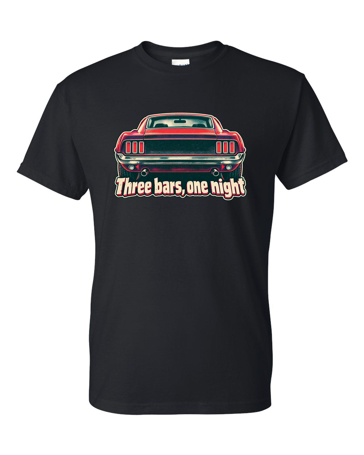 Risograph halftone print of the 1969 Ford Mustang fastback taillights with three bars black t-shirt front view with the design