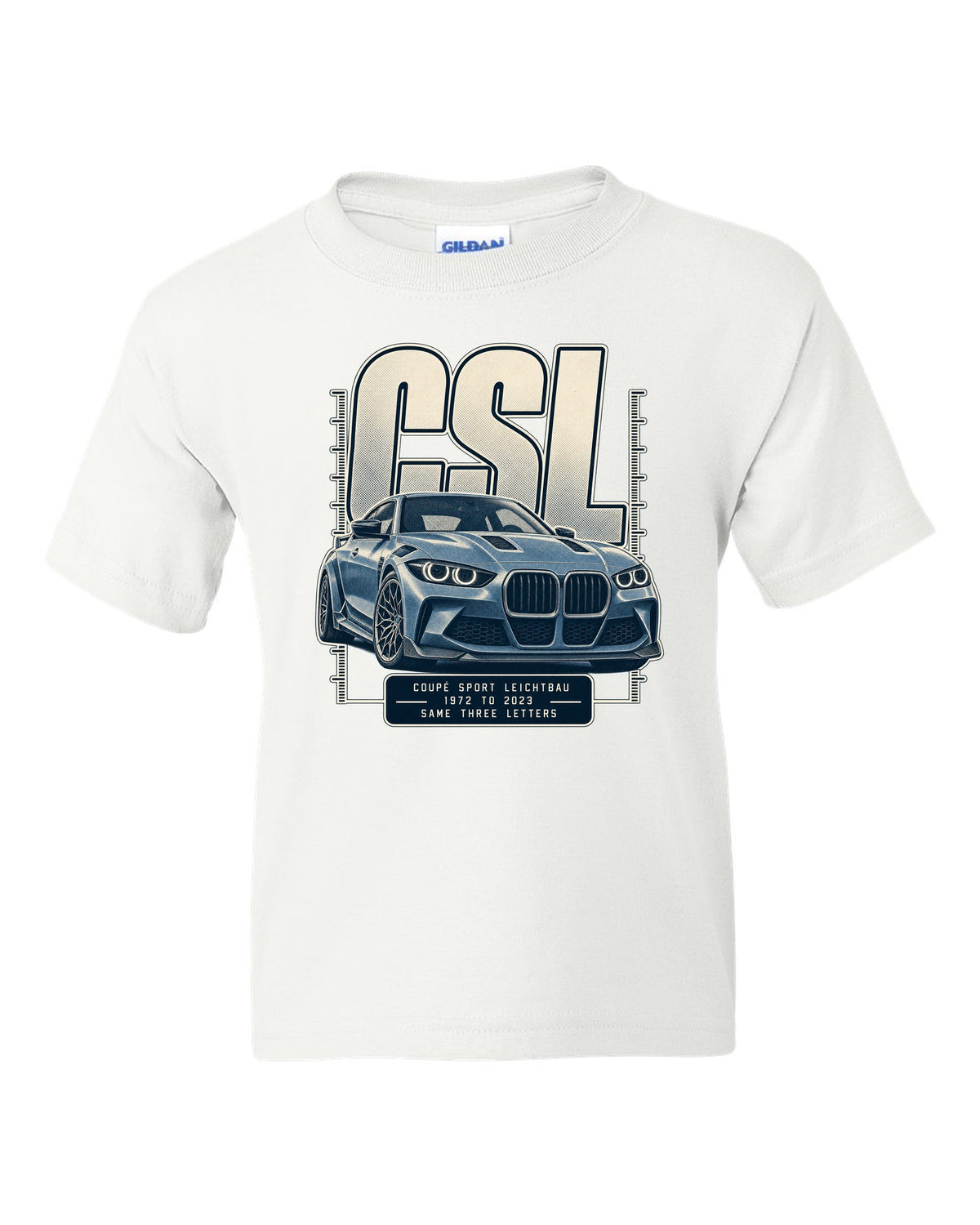 BMW CSL halftone lettering print, 1972 to 2023 white kids tee front view with the design