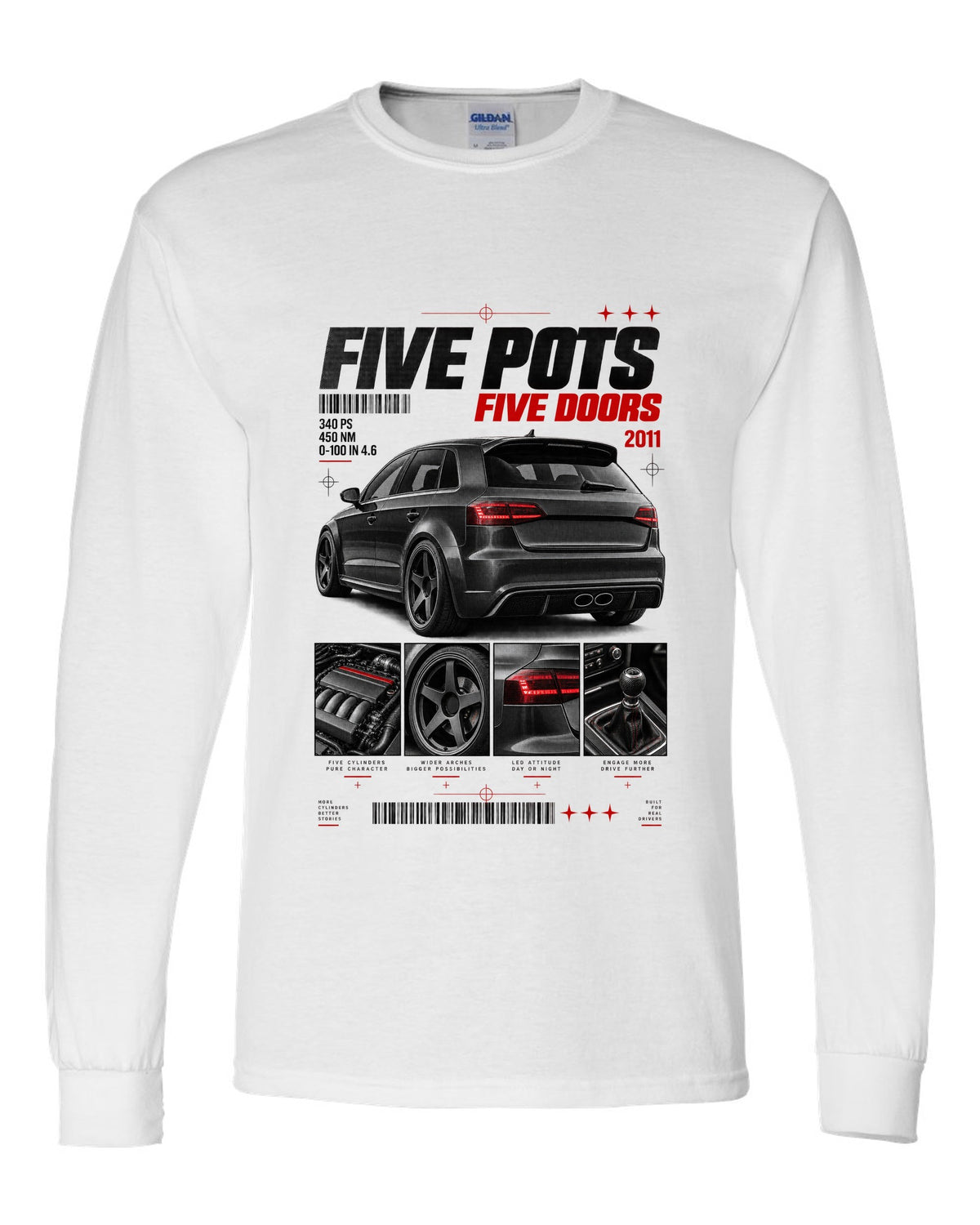Audi RS3 Sportback 8P rear three-quarter in dossier panels with five pots text white long sleeve front view with the design