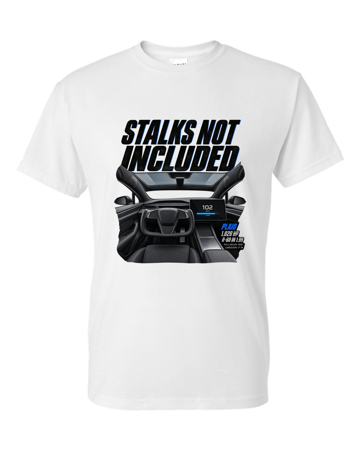 Cockpit print of a 2021 Tesla Model S Plaid Palladium with yoke and landscape screen white t-shirt front view with the design