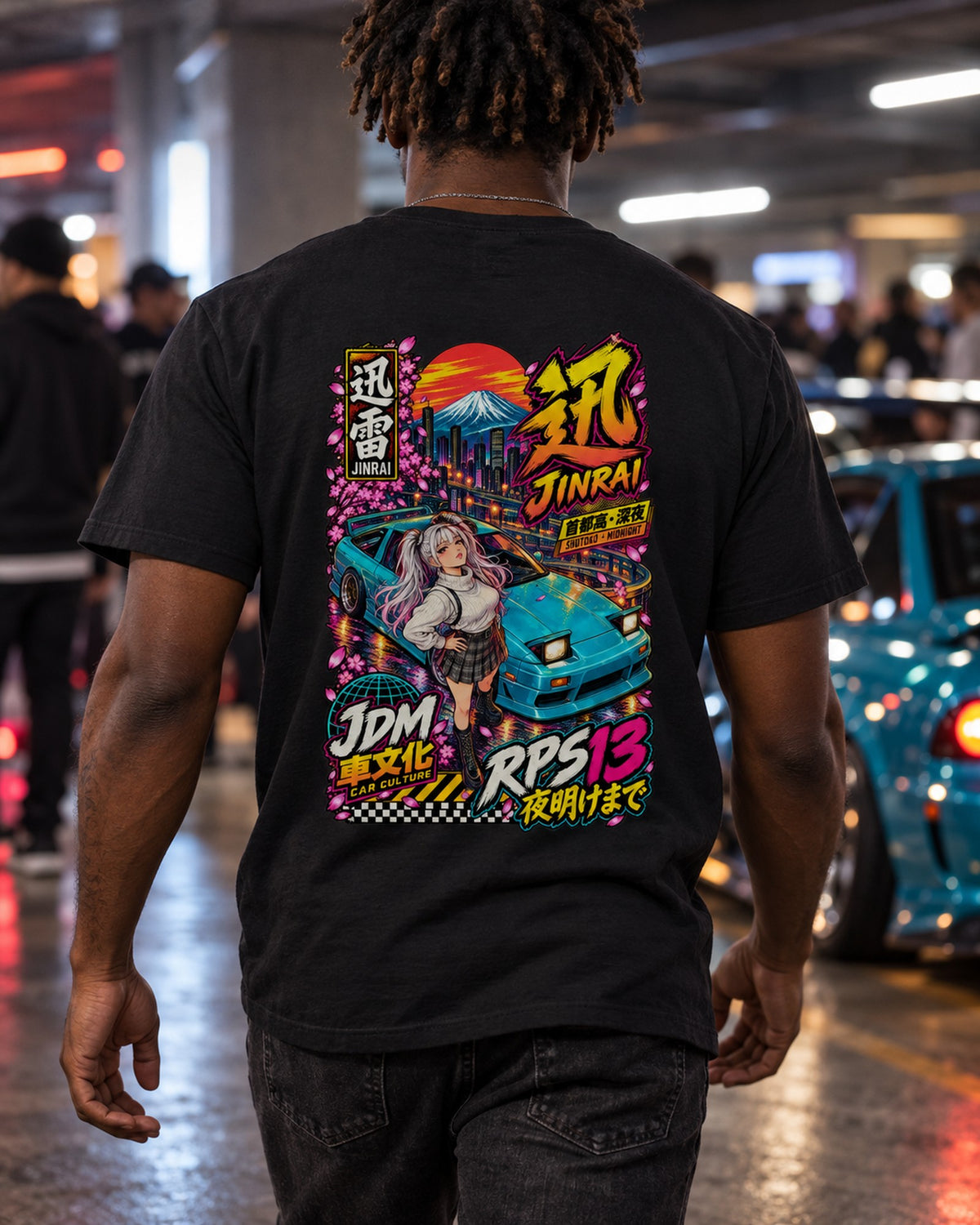 JINRAI RPS13 Anime Girl Full-Back Graphic Tee T-Shirt Black worn hero
