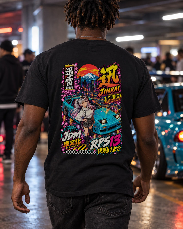 JINRAI RPS13 Anime Girl Full-Back Graphic Tee T-Shirt Black worn hero