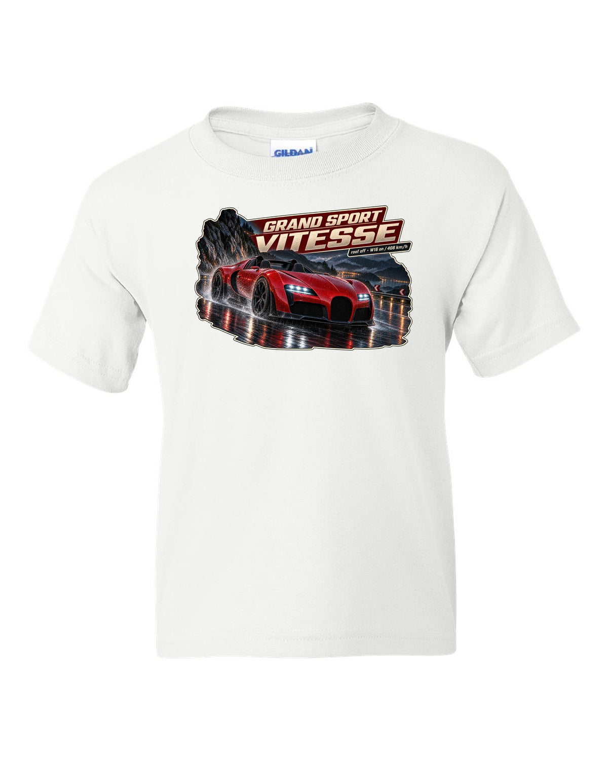 Night street poster of a Bugatti Veyron Grand Sport Vitesse with the roof off, print white kids tee front view with the design