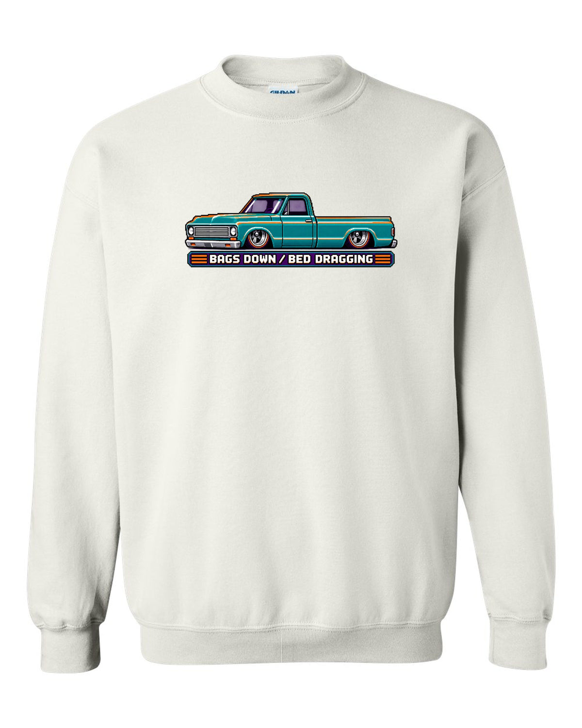 8/16-bit pixel art print of a bagged 1967-72 Chevrolet C10 Action Line Fleetside with bags down bed dragging lettering white crewneck front view with the design