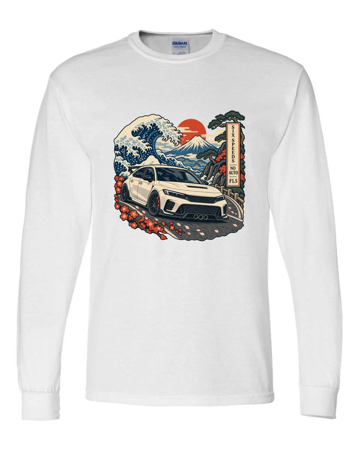 Ukiyo-e woodblock print of a 2023 Honda Civic Type R FL5 on a Fuji pass with six speeds no auto text white long sleeve front view with the design