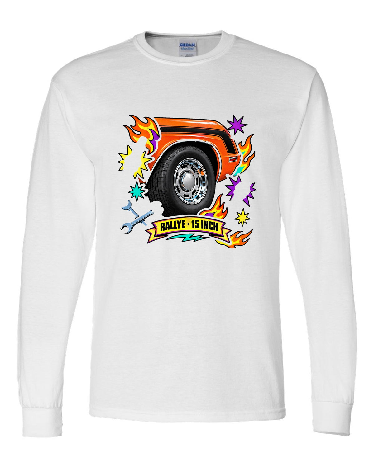 Sticker-bomb collage print of a 1970 Dodge Challenger R/T with Rallye wheel text white long sleeve front view with the design