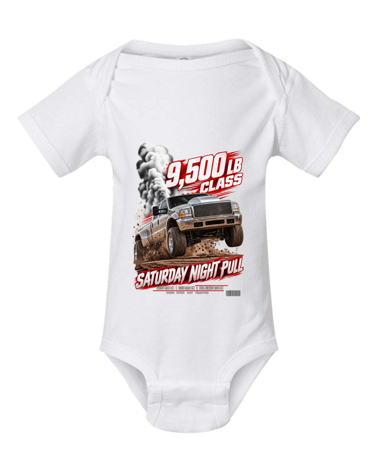 Race poster of a 1998.5-2002 Ram 2500 24V with the text 9,500 lb class, Saturday night pull white baby onesie front view with the design