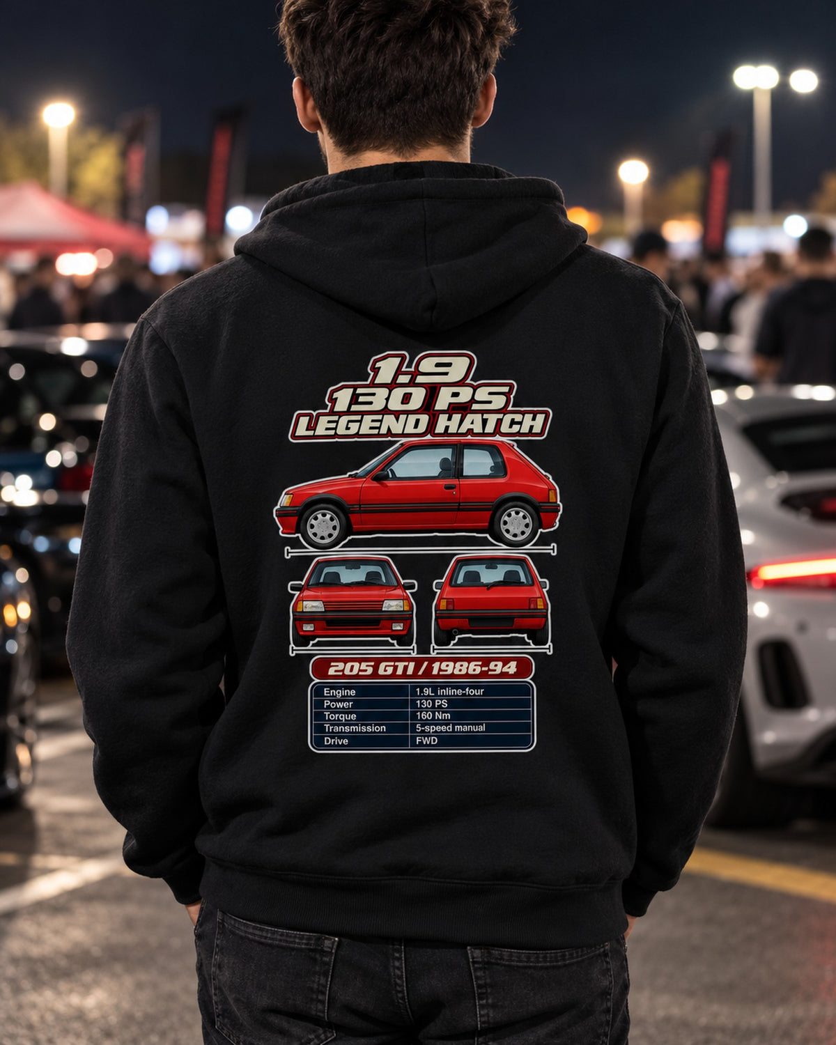 Peugeot 205 GTI 19 Spec Sheet Full-Back Graphic Tee Zip Hoodie Black worn hero
