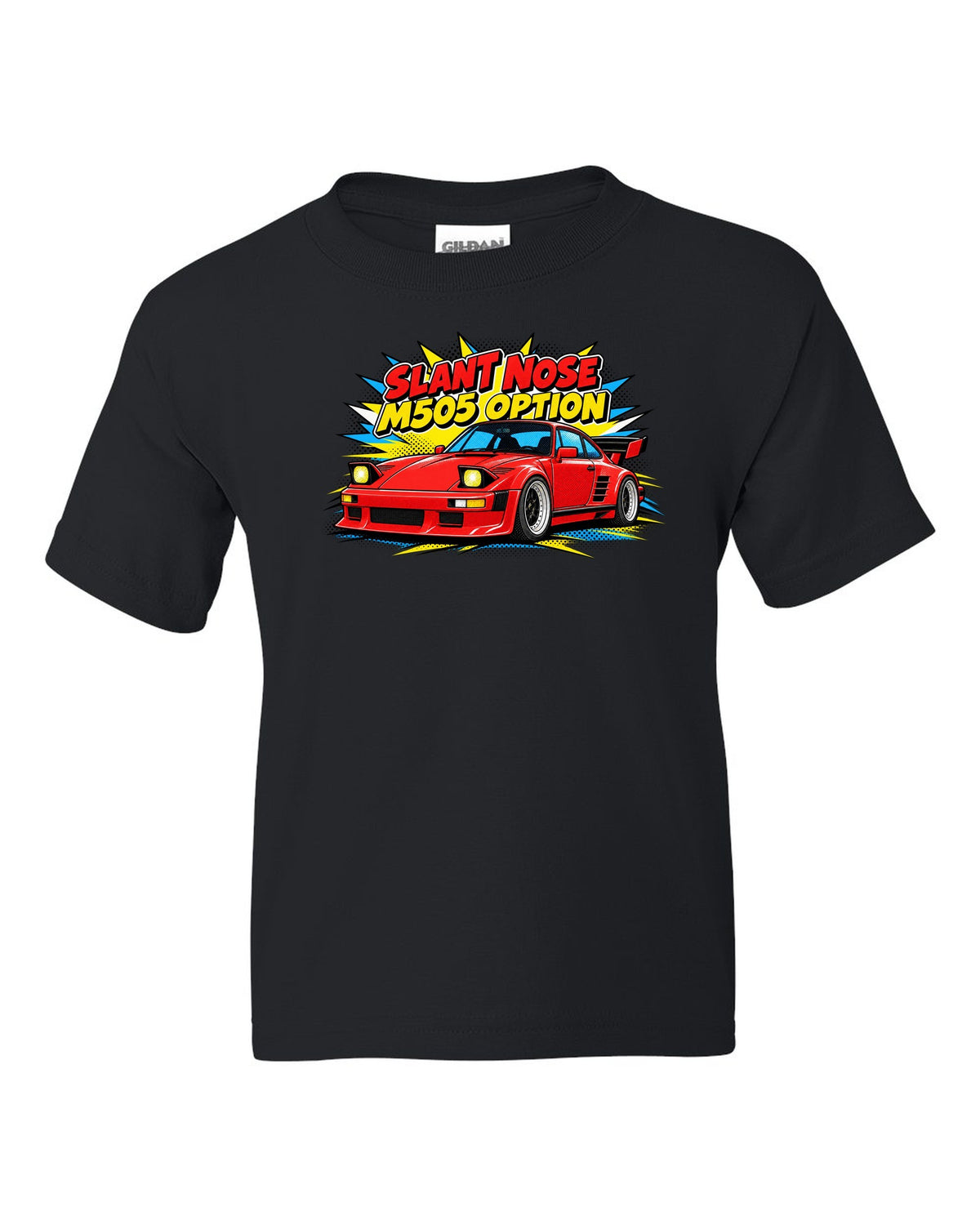 Porsche 930 Slant Nose pop-art halftone design with M505 option lettering black kids tee front view with the design