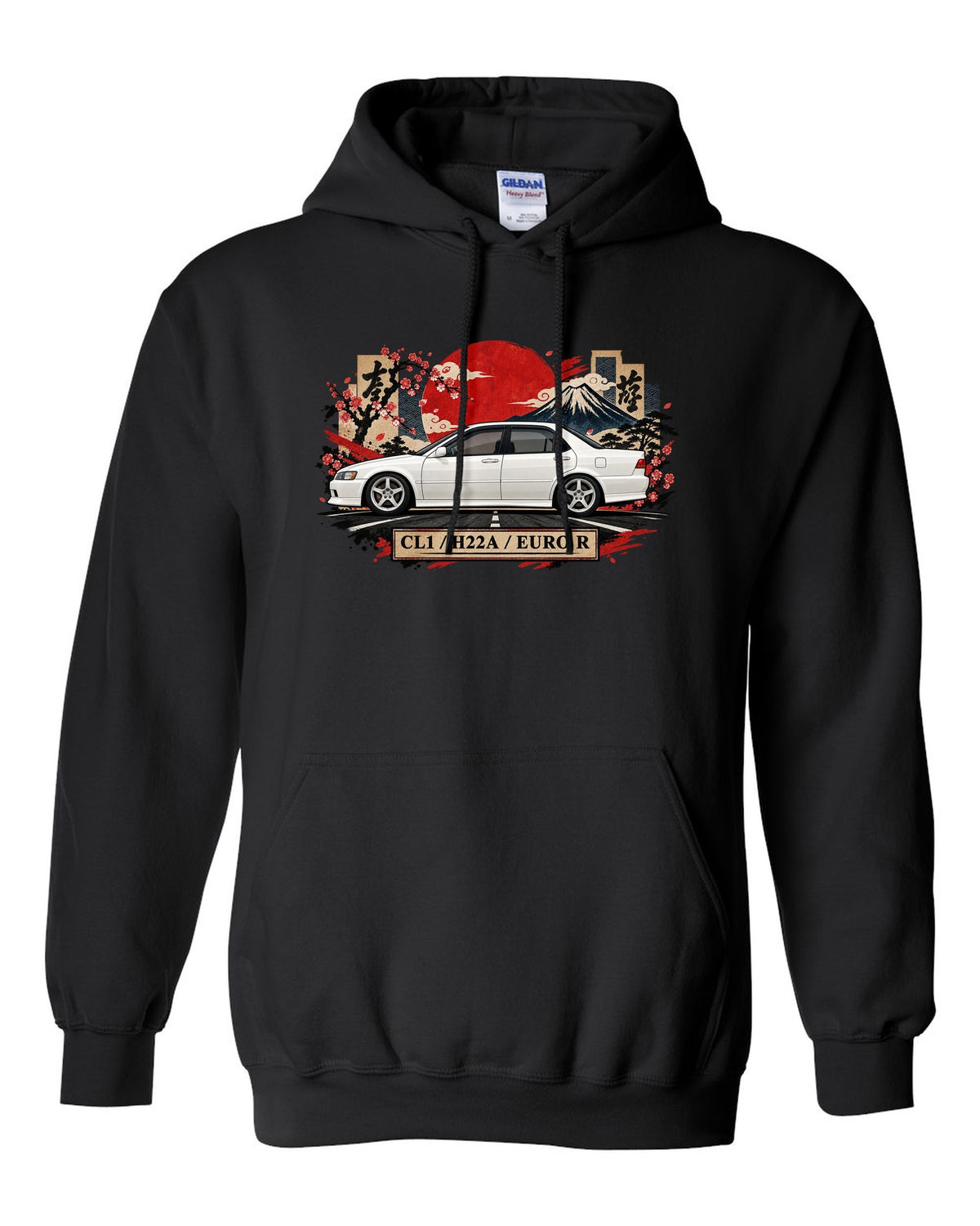 Japanese kanji plate collage print for the Honda Accord Euro R CL1 with H22A text black pull over hoodie front view with the design