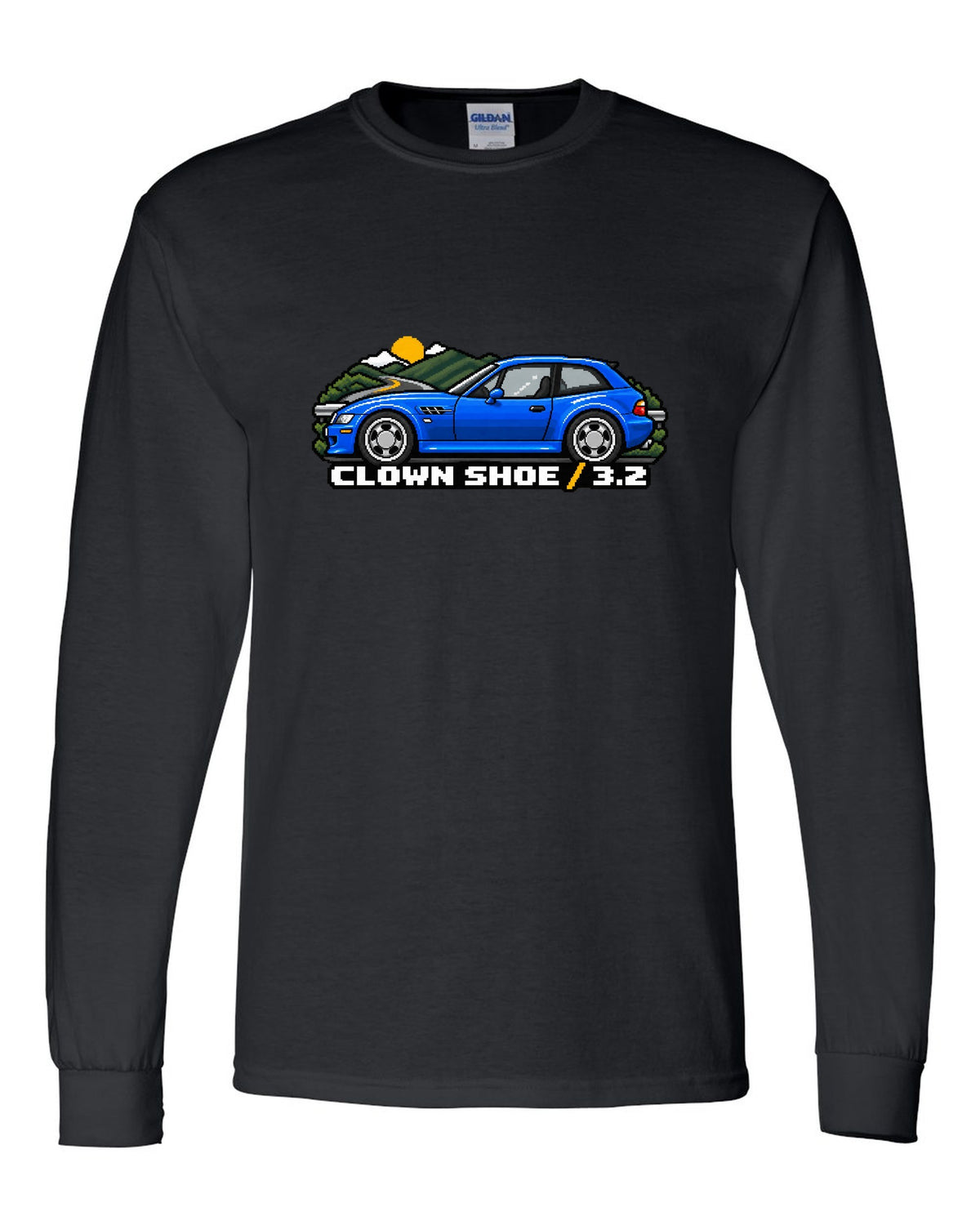 BMW Z4 M Coupe E86 coast road sunset watercolour print with S54 text black long sleeve front view with the design