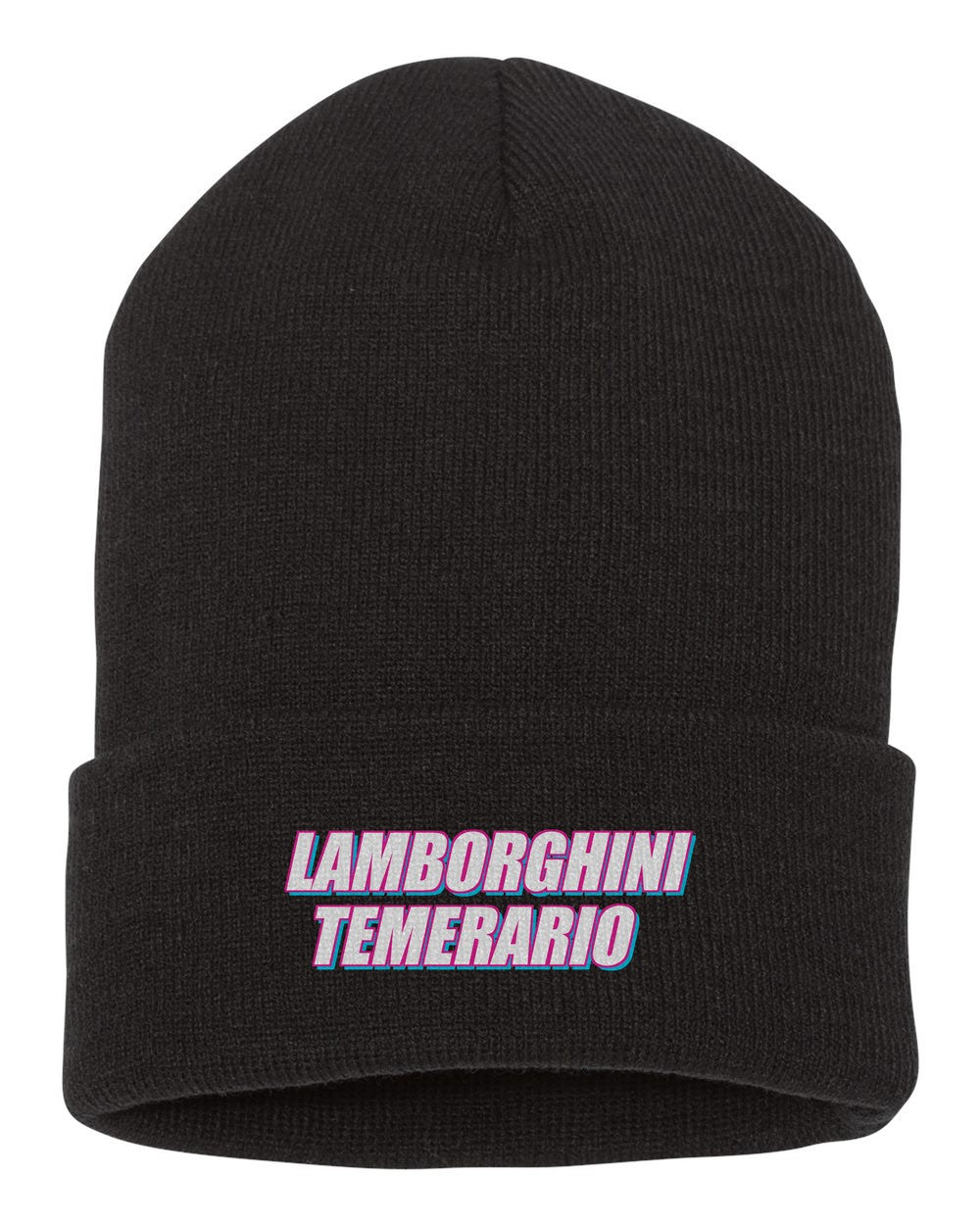 Lamborghini Temerario black beanie front view with car name