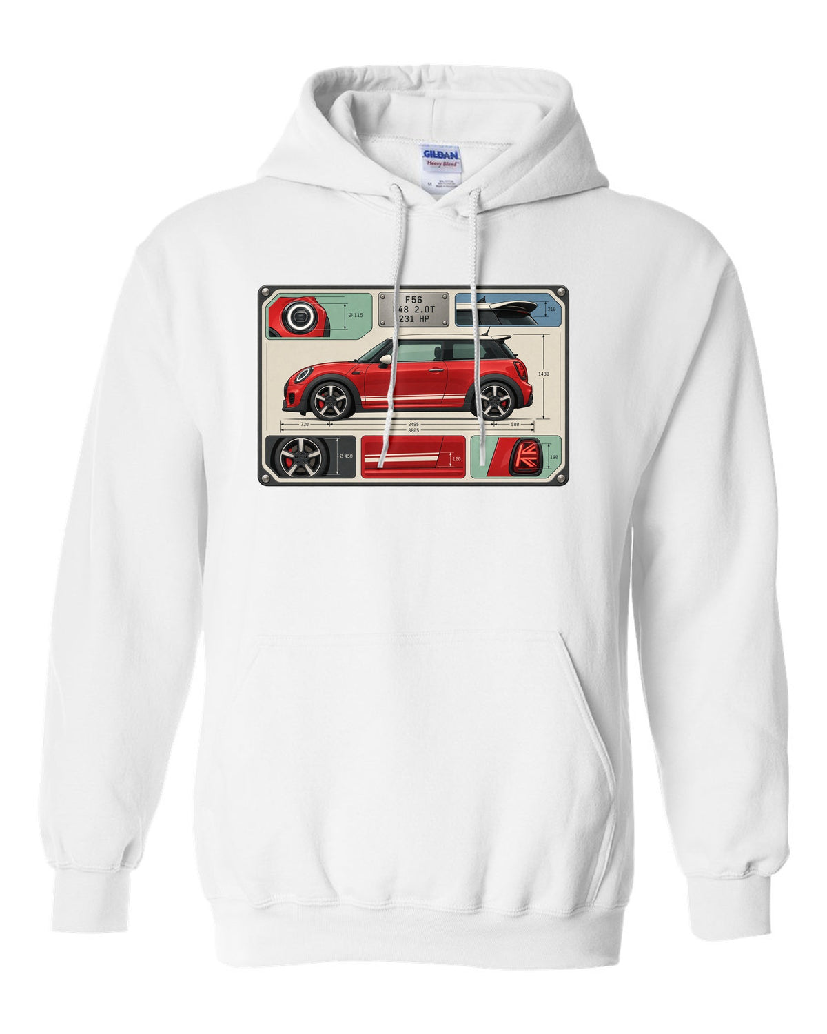 Spec-sheet data plate for the Mini JCW F56 with B48 2.0T and 231 HP white pull over hoodie front view with the design