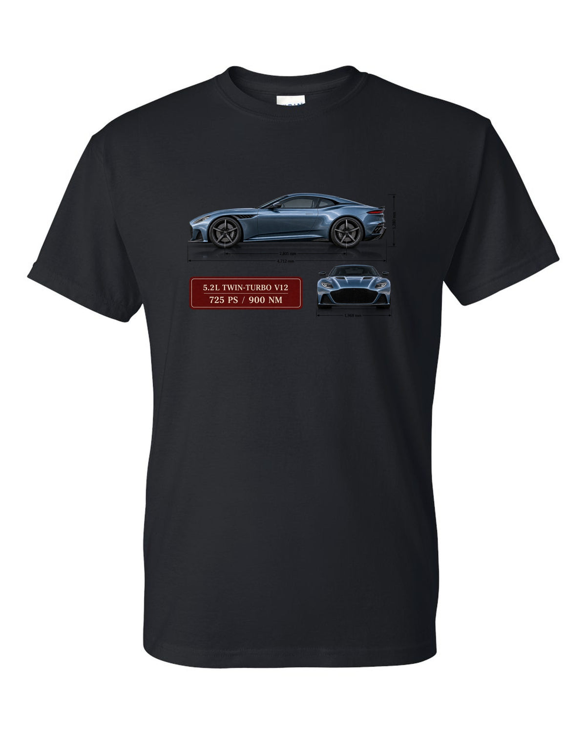 Aston Martin DBS Superleggera 2018 spec sheet print with 5.2L V12 725 PS 900 Nm black t-shirt front view with the design