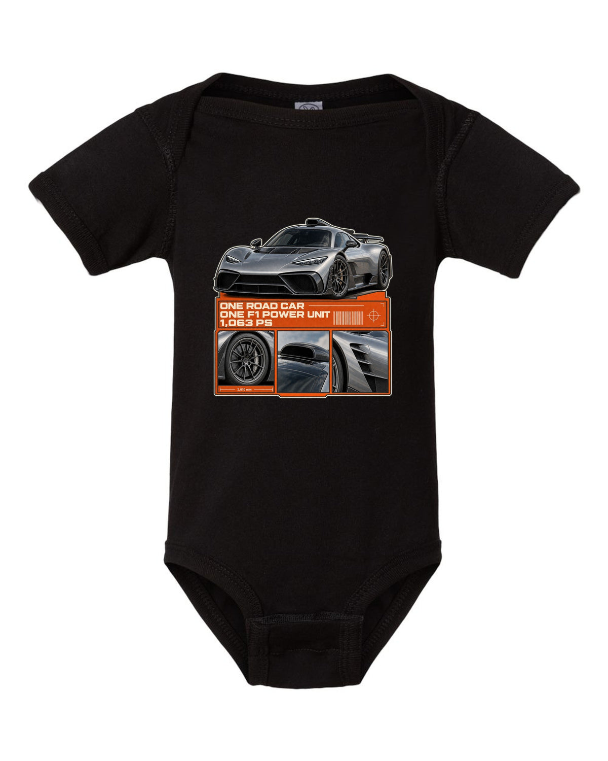 Mercedes-AMG One dossier panel design with three detail views black baby onesie front view with the design