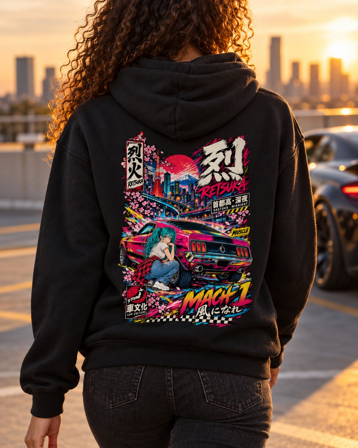 RETSUKA MACH 1 Anime Girl Full-Back Graphic Tee Pull Over Hoodie Black worn hero
