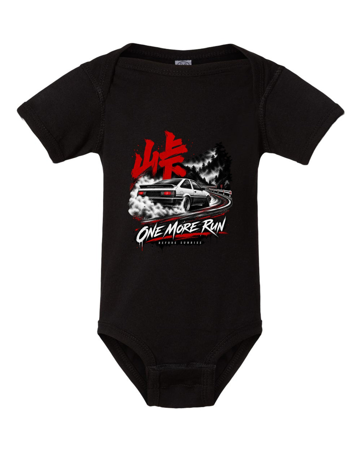 print of a Toyota AE86 Corolla Levin on a night touge road with kanji black baby onesie front view with the design